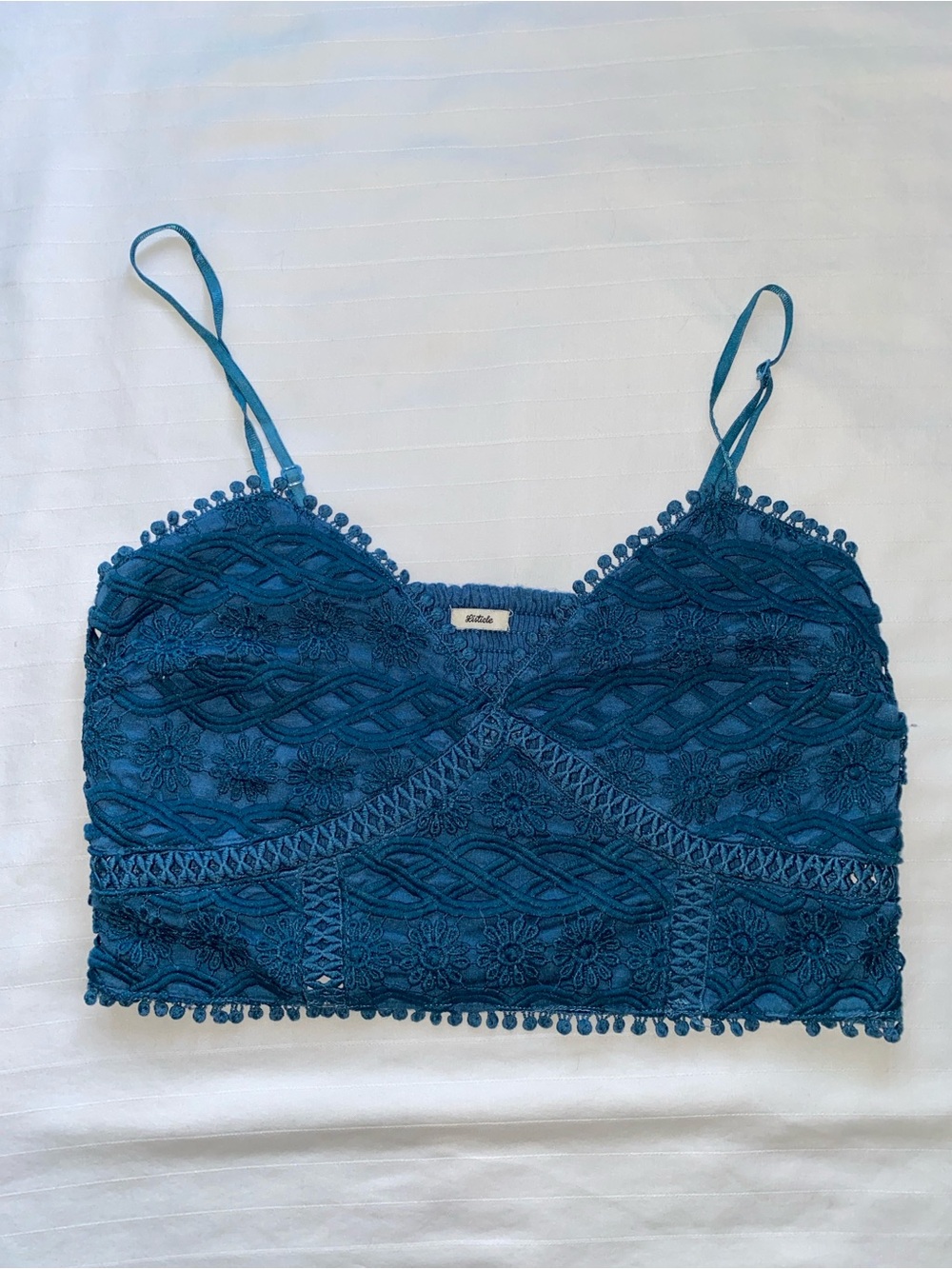 Listicle Teal Lace Cropped Cami with Pom-Pom Hem